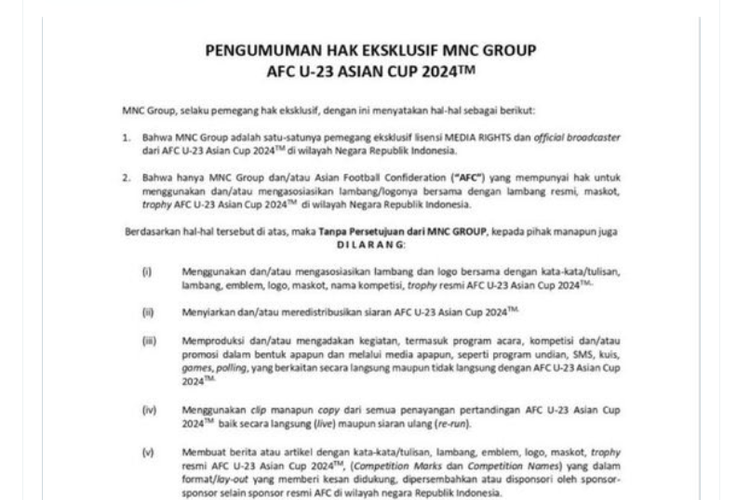 Edaran larangan nobar Indonesia vs Uzbekistan oleh MNC Group.(Tangkapan layar akun X @GIBOLresmi)