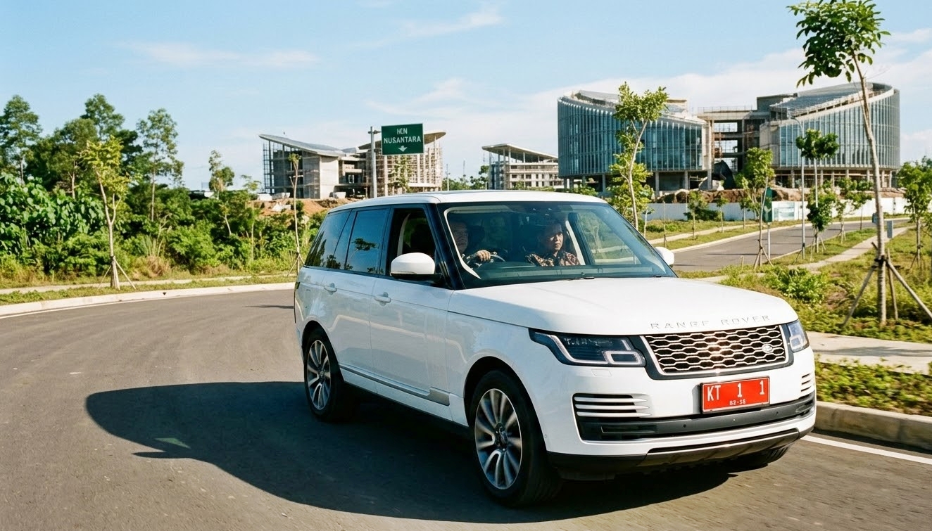 MOBIL DINAS GUBERNUR - Ilustrasi mobil dinas Gubernur Kaltim, tipe Range Rover 3.0 SWB Autobiography yang melintasi kawasan IKN Nusantara. Pemerintah Provinsi Kalimantan Timur melalui Dinas Komunikasi dan Informatika (Diskominfo) akhirnya angkat bicara terkait ramainya perbincangan publik mengenai kendaraan yang digunakan Gubernur Kaltim saat berkunjung ke Ibu Kota Nusantara. (Gemini Ai)